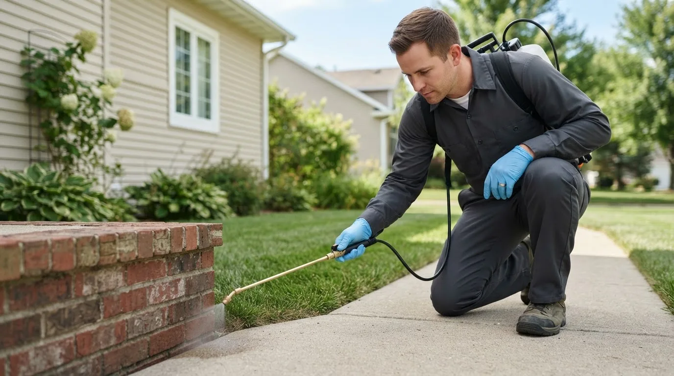 Pest control technician treating a home near Dallastown, PA